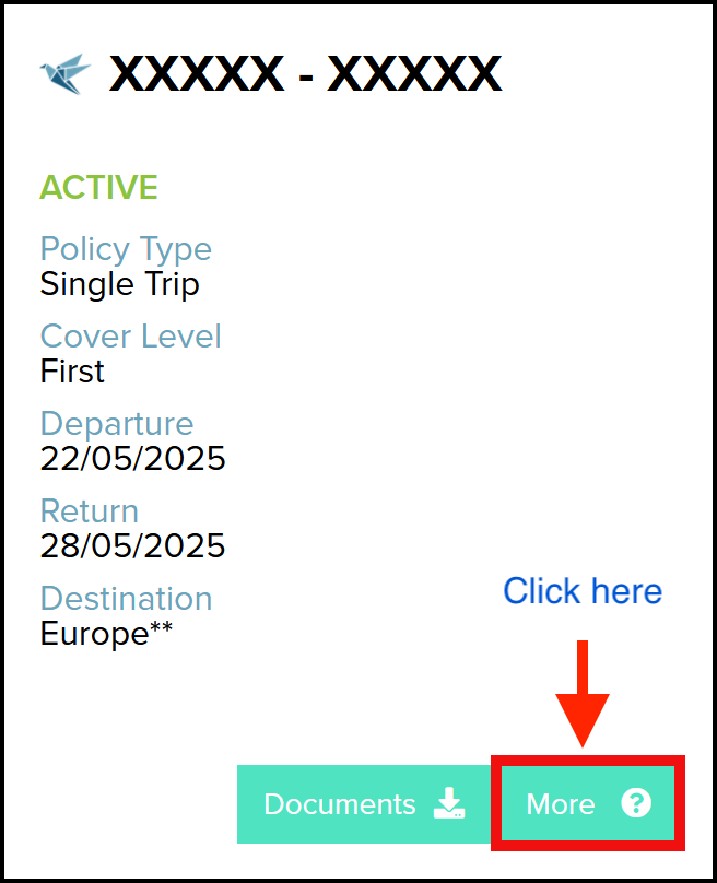 Screenshot showing the location of the 'More' button on a policy on the policy list page